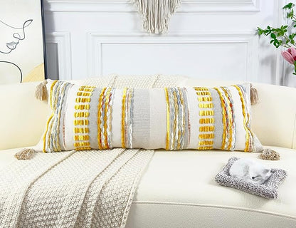 Chenille and Cotton Long Pillow for Bed,Striped Textured Boho Long Lumbar Throw Pillow Cover 14x36,Neutral Accent Decorative Extra Long Body Pillow Case for Couch Sofa Bedroom,Yellow-Grey