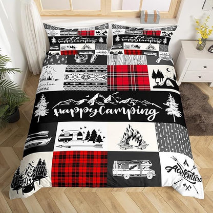 Camping Adventure Bedding Set Twin Size,RV Camper Accessories for Travel Trailers Comforter Cover Set for Kids Girls,Rustic Red Plaid Boho Aztec Exotic Bedding Quilt Cover Set Bedroom Decor, 2 Pcs