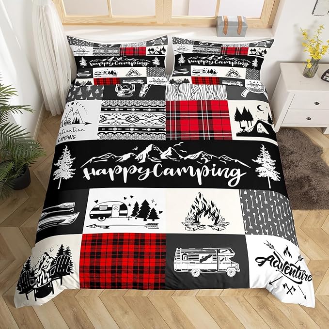 Camping Camper Duvet Cover Queen Size,RV Inside Decor Rustic Patchwork Duvet Cover Set for Children Adult,Farmhouse Lodge Hunting Red Checkered Soft Comforter Cover for Dorm Room, Zipper, Ties