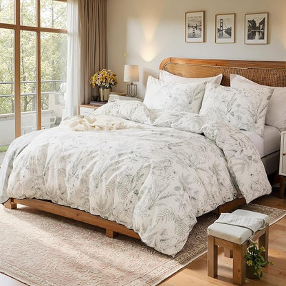 Duvet Cover Set King Size 100% Nature Cotton Reversible Botanical King Duvet Cover Set 3 Pieces Soft & Breathable Bedding Set with Zipper Closure & Corner Ties