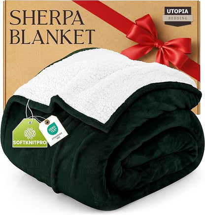 Utopia Bedding Sherpa Blanket Queen Size (Forest Green, 90x90 Inches) - Soft Lightweight Plush Fleece Reversible Blanket for Bed, Sofa, Couch, Camping and Travel