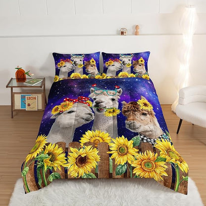 HOSIMA Funny Llama Comforter Set,Alpacas Bedding Sets Animal Theme Room Decor.Soft Microfiber Star Galaxy Sunflower Bed in a Bag Queen Comforter Set for Boys Girls Teens Dorm Room Essentials.