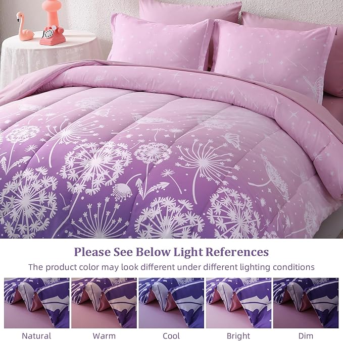 Menghomeus Girls Comforter Set Twin Size 5 Pieces Bed in A Bag Ombre Purple Pink Bedding Set Dandelion Butterfly Print Kids Bedding Collections