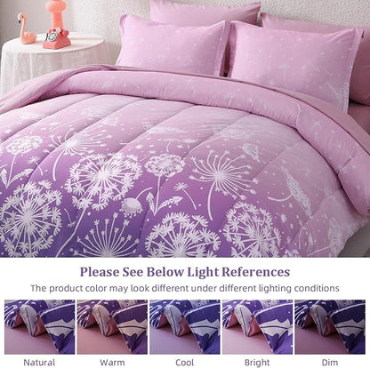 Menghomeus Girls Comforter Set Twin Size 5 Pieces Bed in A Bag Ombre Purple Pink Bedding Set Dandelion Butterfly Print Kids Bedding Collections