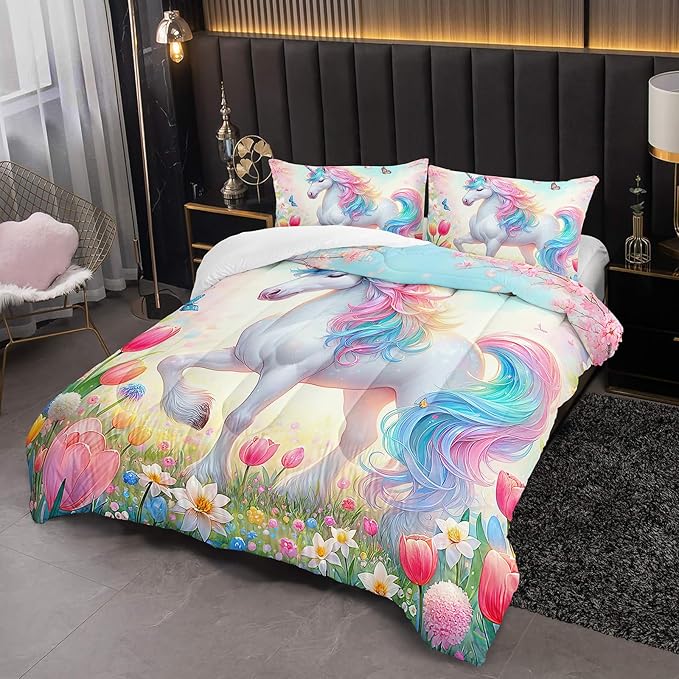 Pink Unicorn Comforter Set Twin Size, 3 Pieces Superior Kids Flower Butterfly Bedding Set for Teen Girls and Kids Toddler, Cute Unicorn for Room Decor 3Pcs, 1 Comforter and 2 Pillowcase