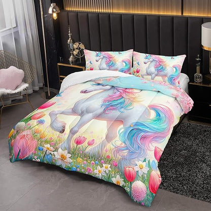 Pink Unicorn Comforter Set Twin Size, 3 Pieces Superior Kids Flower Butterfly Bedding Set for Teen Girls and Kids Toddler, Cute Unicorn for Room Decor 3Pcs, 1 Comforter and 2 Pillowcase