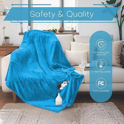 LUXIAN Electric Heated Blanket Twin Size 62"x84" -Flannel & Sherpa Fabric Dual-Sided, 6 Heat Settings & 1-10 Hours Auto Off, Machine Washable, Sea Breeze Blue