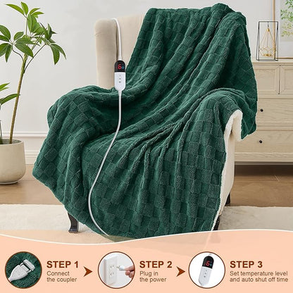 Electric Heated Blanket Queen Size Dual Control - Jacquard Checkered Sherpa 84"x90" Fast Heating Bed Blankets with 6 Heating Levels & 10 Hours Auto Off, Over-Heat Protection ETL, Dark Green