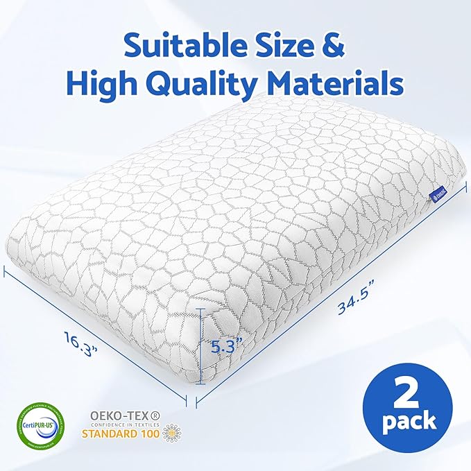 Memory Foam Pillows for Sleeping, Bed Pillow with Removable and Machine Washable Cover, Bed Pillow for Side, Back and Stomach Sleepers, King Size (2 Pack)