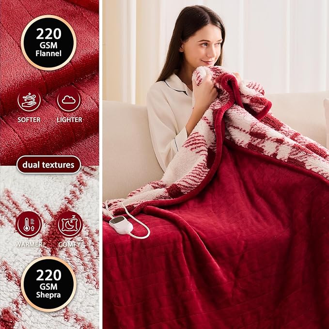 Heated Electric Blanket Twin Size - 62"x84" Flannel Heating Blanket with 10 Heating Levels & 5 Time Settings Over-Heat Protection, Winter Warmer for Adults with ETL Certification（Red）