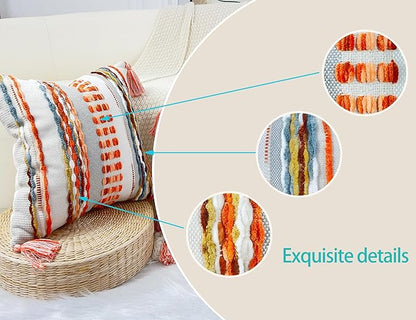 Boho Throw Pillow Covers 18x18 Aesthetic Neutral Boucle Couch Pillow Cover Rainbow Striped Decorative Accent Pillow Case for Couch Bed Sofa Farmhouse Bedroom,Modern Funky,Set of 2 Red