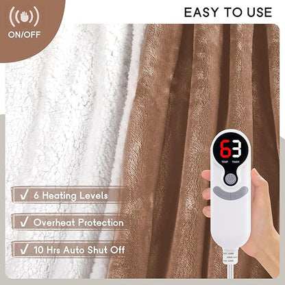 Heated Blanket Electric Throw 50''x60'', 3 Hour Auto Shut-Off 6 Heating Levels Small Warm Soft Flannel Electric Blanket Machine Washable - Brown