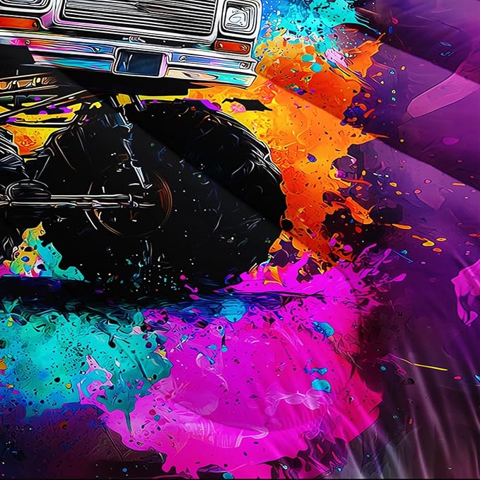 Cool Monster Truck Comforter Set Twin Size,Colorful Graffiti Tie-Dye Pattern Racing Sport Bedding for Kids Boys Teens Room Decor,Cartoon Cars Themed Bedding Sets with 2 Pillowcases.
