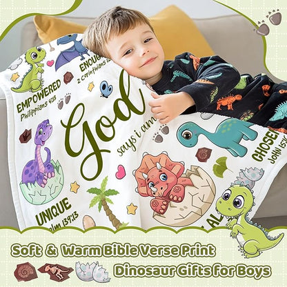 Bible Verse Blanket, Christian Gifts, God Says I am Print Dinosaur Blankets for Boys, Meaningful Thoughtful Religious Baptism Gift for Son,Dinosaur Lovers Room Bed Decoration, 30"x40"
