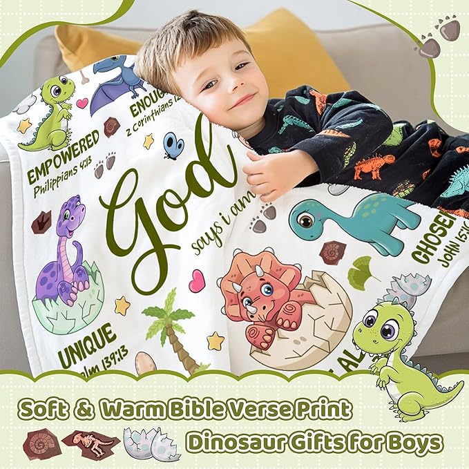 Bible Verse Blanket, Christian Gifts, God Says I am Print Dinosaur Blankets, Meaningful Thoughtful Religious Baptism Gift for Son,Dinosaur Lovers Room Bed Decoration, 60"x80"