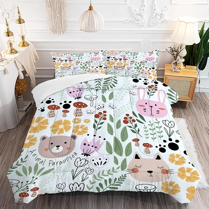 Cartoon Cat Comforter Set Queen Size Floral Bedding for Teen Girls Boys Women Green Animals Print Bedroom Quilt 1 Comforter + 2 Pillow Cases