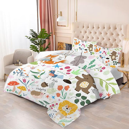 Animal Comforter Set Twin: Forest Animals Kids Bedding Set Cute Safari Woodland Quilt Jungle Cartoon Fox Bear Lion Flowers Bed Sets for Girls Boys Children Teens Toddler