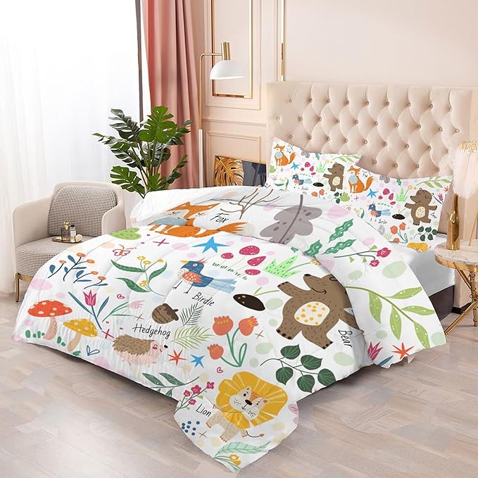 Kids Comforter Set Full: Cute Safari Woodland Bedding Set Cartoon Forest Animals Quilt for Boys Girls Teens Zoo Animal Fox Bear Lion Jungle 3 Piece Duvet Bed Sets