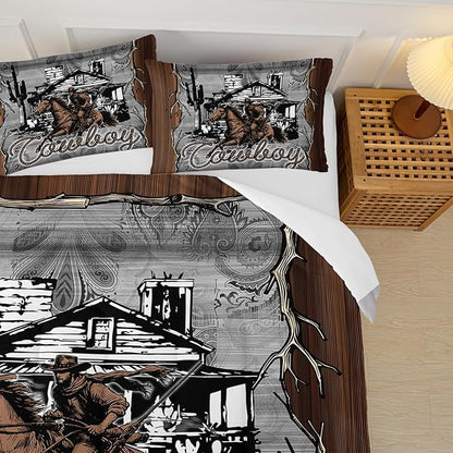 Brown Western Cowboy Comforters Full Size，Boys Full Size Bedding Set Cowboy Themed，with 1 Comforter with 2 Pillow Case，Western Bedroom Decor for Boys Men Kids