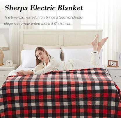 Westinghouse Full Size Heated Blanket Electric Blanket, Flannel & Sherpa Heating Blanket with10 Heating Levels & 1 to 12 Hours Heating Time Settings, Fast Heating Blanket Red Plaid, 72x84 Inches