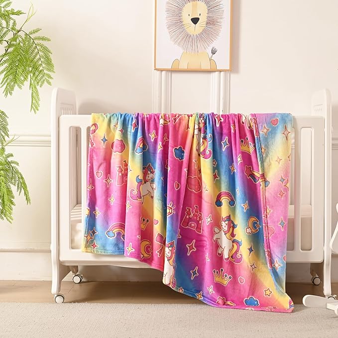 Lotus Karen Unicorn Glow in The Dark Blanket Unicorn Toys Girl Gifts for 1 2 3 4 5 6 7 8 9 10 11 12 Year Old Kids Blanket with Stars Cloud Crown Bow Birthday Halloween Room Decor（Rainbow 60"×80"