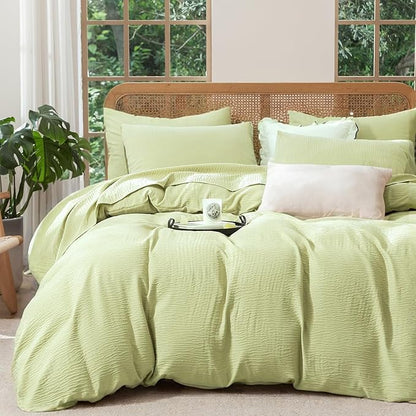 Duvet Cover Queen Set, Luxury Brushed Microfiber Double-Layer Crinkle Gauze Sage Green Duvet Cover, 3 Pieces Bedding for All-Season, Soft Breathable with Zipper Closure (No Comforter)