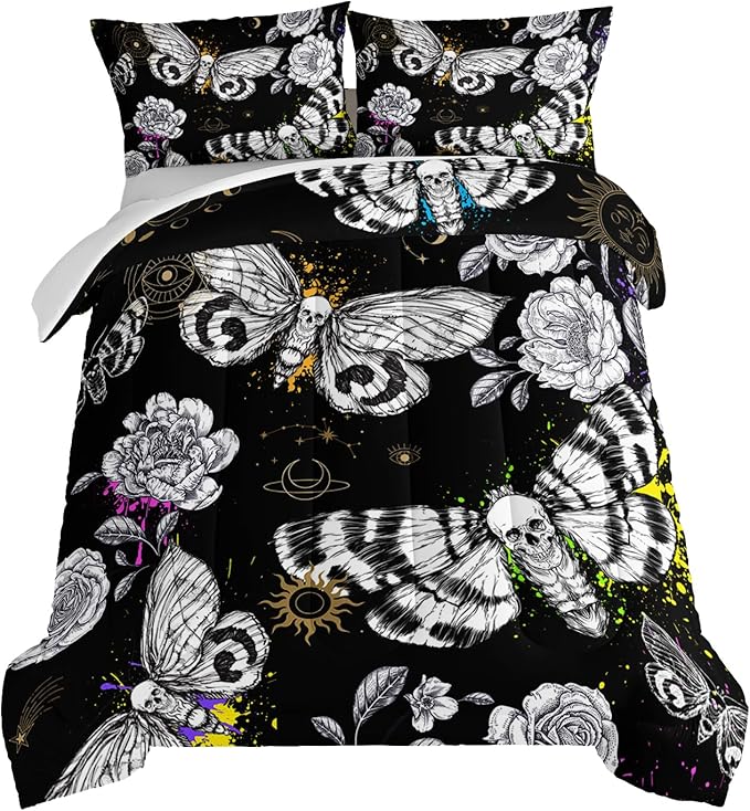HOSIMA Death Moth Skull Heads Comforter for Queen Size Bed Horror Theme Halloween Bedding,Goth Bedding Set Floral Butterfly Bed Set Room Decor for Teen Girls Boys Black Comforter Set.