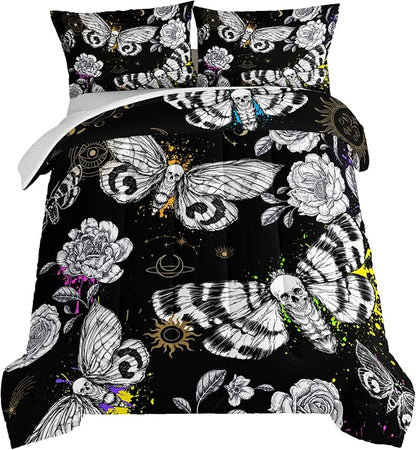 HOSIMA Death Moth Skull Heads Comforter for Queen Size Bed Horror Theme Halloween Bedding,Goth Bedding Set Floral Butterfly Bed Set Room Decor for Teen Girls Boys Black Comforter Set.
