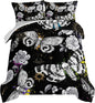 HOSIMA Death Moth Skull Heads Full Size Comforter Sets Horror Theme Halloween Bedding,Goth Bedding Set Floral Butterfly Bed Set Room Decor for Teen Girls Boys Black Comforter Set.
