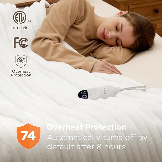 Bedsure Electric Blanket Twin - Thick Striped Flannel Electric Blanket, Heating with 10 Time Settings, 6 Heat Settings, and 8-Hour Timer Auto Shut Off, Gift for Grandma (62x84 inches, White)