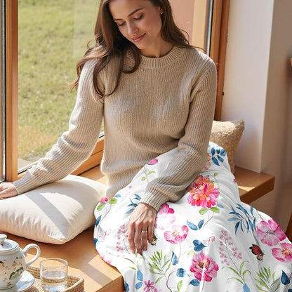 Floral Throw Blanket Birthday Gift for Women Mom Girls Peony Flowers Blanket Summer Wildflower Flannel Blanket Watercolor Printed Throw for Couch Sofa Bed Chair 60"x80"