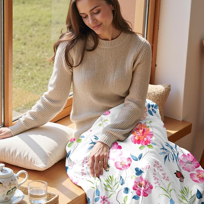 Floral Throw Blanket Birthday Gift for Women Mom Girls Peony Flowers Blanket Summer Wildflower Flannel Blanket Watercolor Printed Throw for Couch Sofa Bed Chair 50"x60"