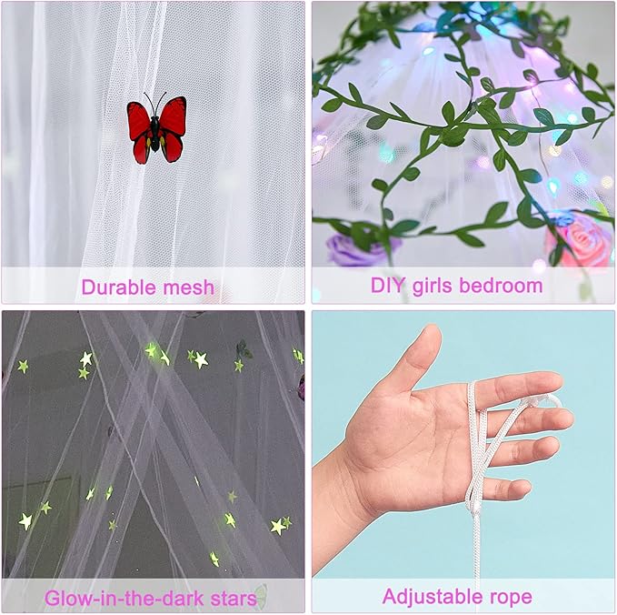 FIOBEE Bed Canopy for Girls Room Bed Canopy Curtains with Led Lights Mosquito Net DIY Princess Room Décor with Stars Butterflies for Kids Bedroom, White