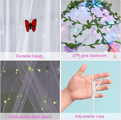 FIOBEE Bed Canopy for Girls Room Bed Canopy Curtains with Led Lights Mosquito Net DIY Princess Room Décor with Stars Butterflies for Kids Bedroom, White