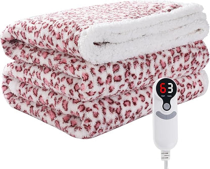 Electric Heated Blanket Throw 50"×60" with 6 Heating Levels &3 Hours Auto Off, Heating Double Sided Plush Sherpa, Fast Heating, Machine Washable Leopard Print Pink & White