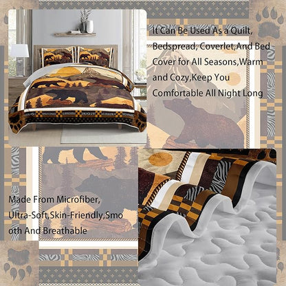 AILONEN Rustic Bear Queen Size Quilt Set,Wild Animal Hunting Themed Bedspread Coverlet + 2 Pillowcases,3-Piece Woodland Brown Bear Bed Cover for Boys Girls