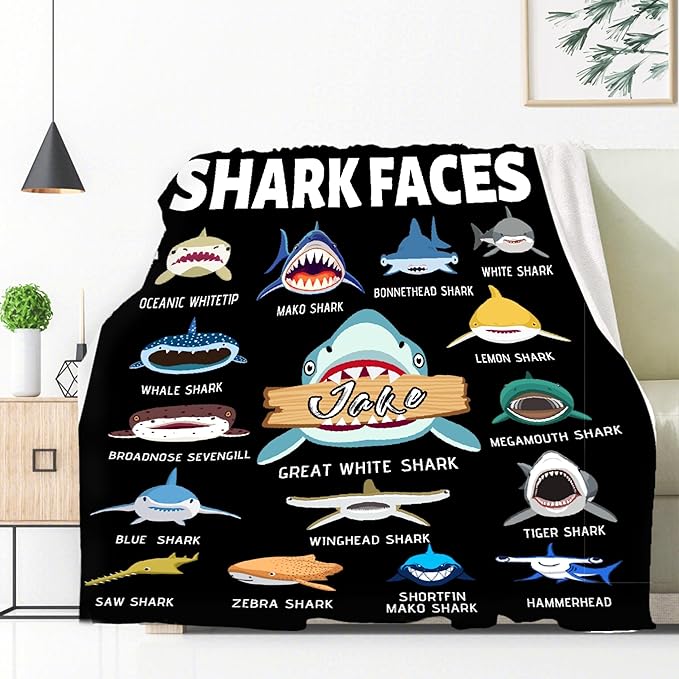 Custom Shark Faces Blankets Gifts for Birthday Son Daughter Brother Friends On Bed Sofa,Personalized Premium Flannel Blankets for Christmas Thanksgiving, All Season Use 40''x 50'' -S