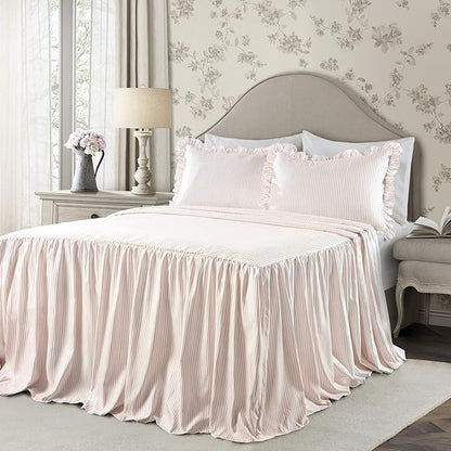 Lush Decor Ticking Stripe Bedspread Queen Size 3 Piece Set Blush - Ruffle Bedding Set Queen Bedspreads - Striped Bedding - Farmhouse & Coquette Decor
