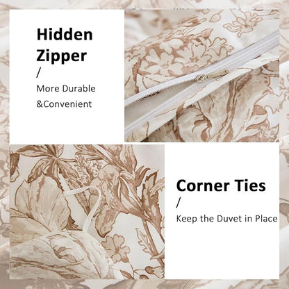 Khaki Floral Duvet Cover King Size 100% Cotton Vintage Botanical Duvet Cover Set 3 Pcs Soft Flower Bedding Set Breathable and Lightweight