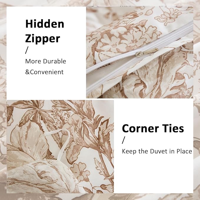 Khaki Floral Duvet Cover Queen Size 100% Cotton Vintage Botanical Duvet Cover Set 3 Pcs Soft Flower Bedding Set Breathable and Lightweight