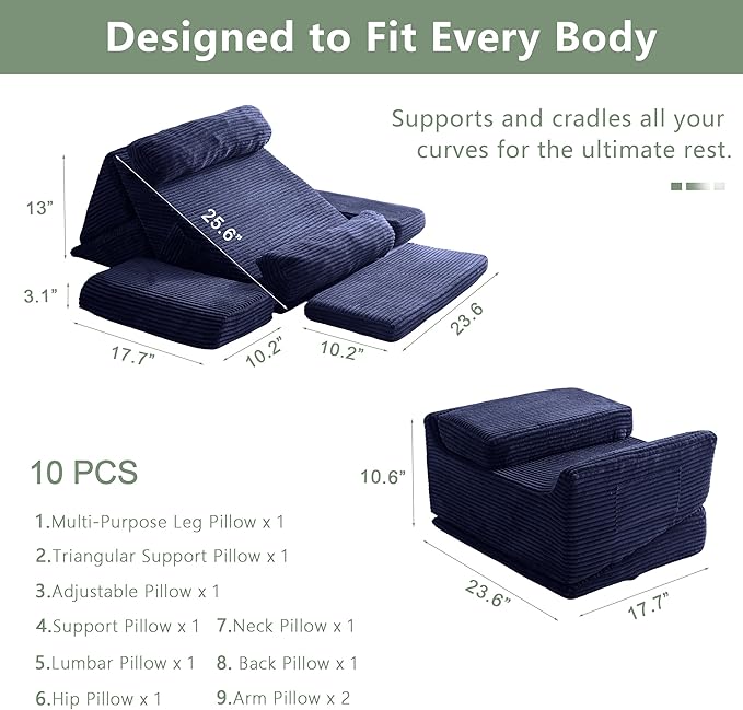 HIGOGOGO 10PCS Orthopedic Bed Wedge Pillow Set – Adjustable Soft Foam Body Positioners for After Surgery Recovery, Back & Leg Pain Relief, Sitting Up in Bed, Acid Reflux & GERD, Navy