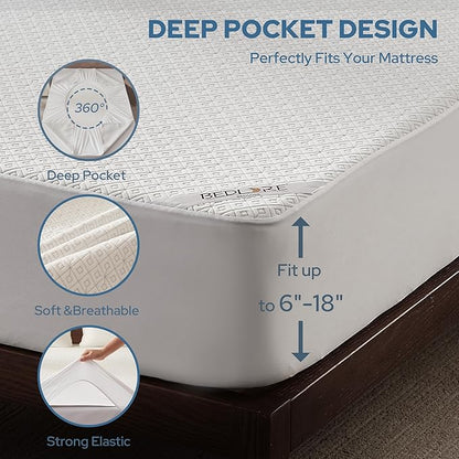 BEDLORE Queen Mattress Protector, Waterproof Noiseless Mattress Cover with Deep Pocket for 6-18 inches Mattress, Soft Breathable Mattress Pad Machine Washable (White)
