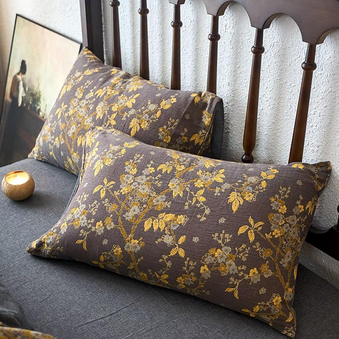 BuLuTu Soft Cotton Muslin Duvet Cover Set Twin Size, Yellow Floral Print Boho Quilt Cover Vintage Cottage Jacquard Comforter Cover with 2 Pillowcase, 68"x86", Zipper Closure & Corner Ties
