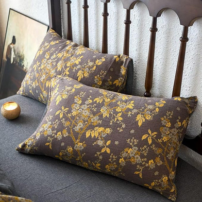 BuLuTu Chic Cottage Muslin Duvet Cover Full, Boho Yellow Floral Comforter Cover Set 3 Pieces, Soft Breathable Yarn-Dyed Jacquard Bedding Set Quilt Cover with 2 Pillowcases, 80"x90"