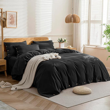 JELLYMONI Cotton Duvet Cover Twin Size - Pure Black Comforter Cover with Button 100% Washed Cotton 2PCS Breathable Soft Solid Bedding Set Duvet Cover 68×90in & 1 Pillowcase (NO Comforter)