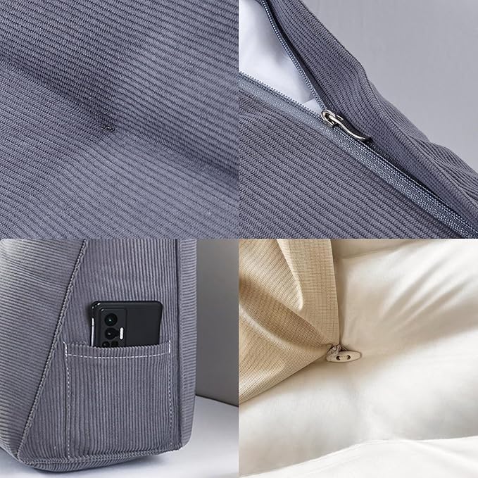 Single Triangle Bed Wedge Pillow for headboard Gap Triangular Reading Pillows for Sitting in Bed Adult Wedge headboard Pillow for College Dorm, Gray