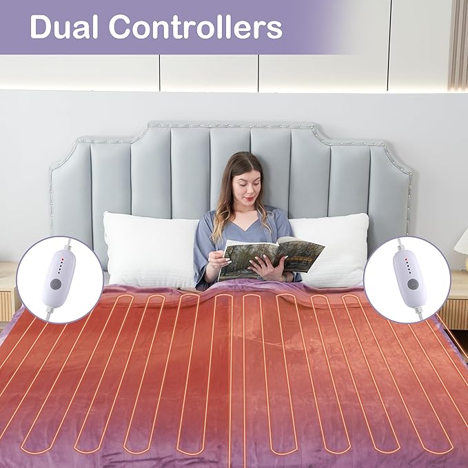 Electric Heated Blanket Queen Size 84"x90", Dual Control Fast Heating Cozy Heated Blanket for Bed, 10 Hours Auto Off & 5 Heating Levels, Warm Gift for Grandma-Light Purple