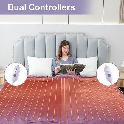 Electric Heated Blanket Queen Size 84"x90", Dual Control Fast Heating Cozy Heated Blanket for Bed, 10 Hours Auto Off & 5 Heating Levels, Warm Gift for Grandma-Light Purple