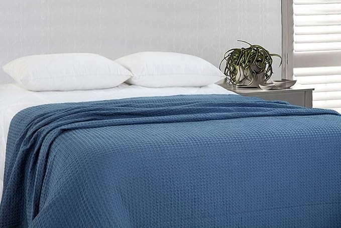 HILLFAIR 100% Combed Cotton Blanket– King Size Bed Blankets– Warm Soft All Season Breathable Lightweight Summer Blankets– Waffle Weave Home Decor Bed Blanket- Navy King Bed Cotton Blankets/Bedcovers