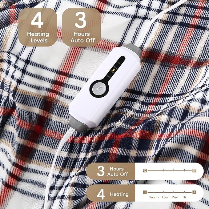 Electric Heated Blanket Throw Size - 50"x60", Soft Flannel Heating Blanket, 4 Heating Levels, 3 H Auto Shut Off, Breathable Warm and Washable for Sofa, Blue-White-Red Plaid